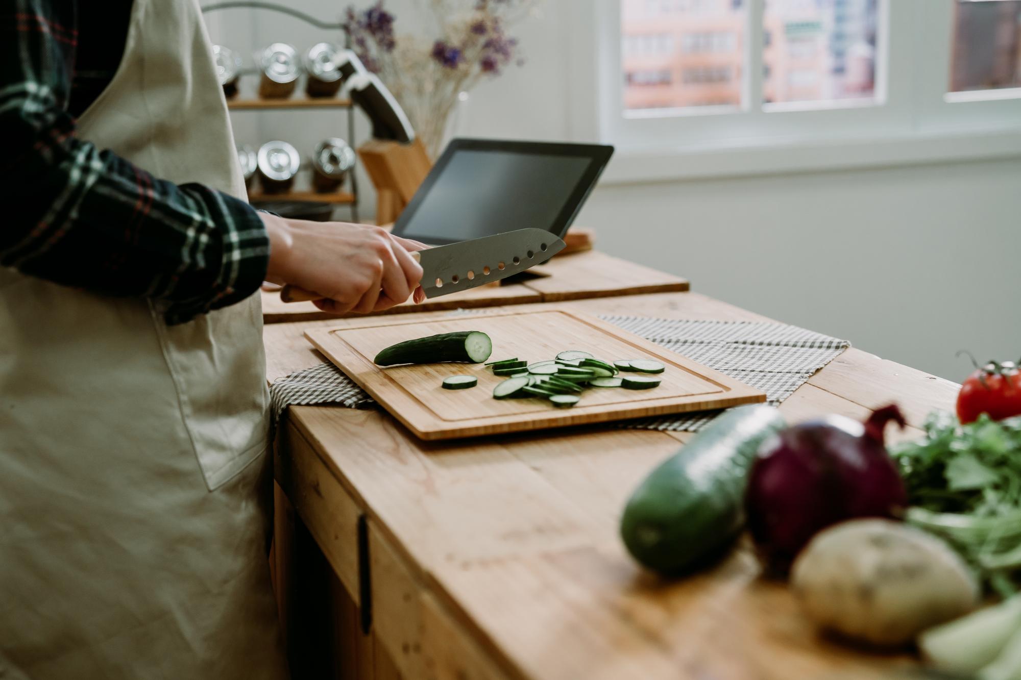 kitchen counter with local produce and tasting notes