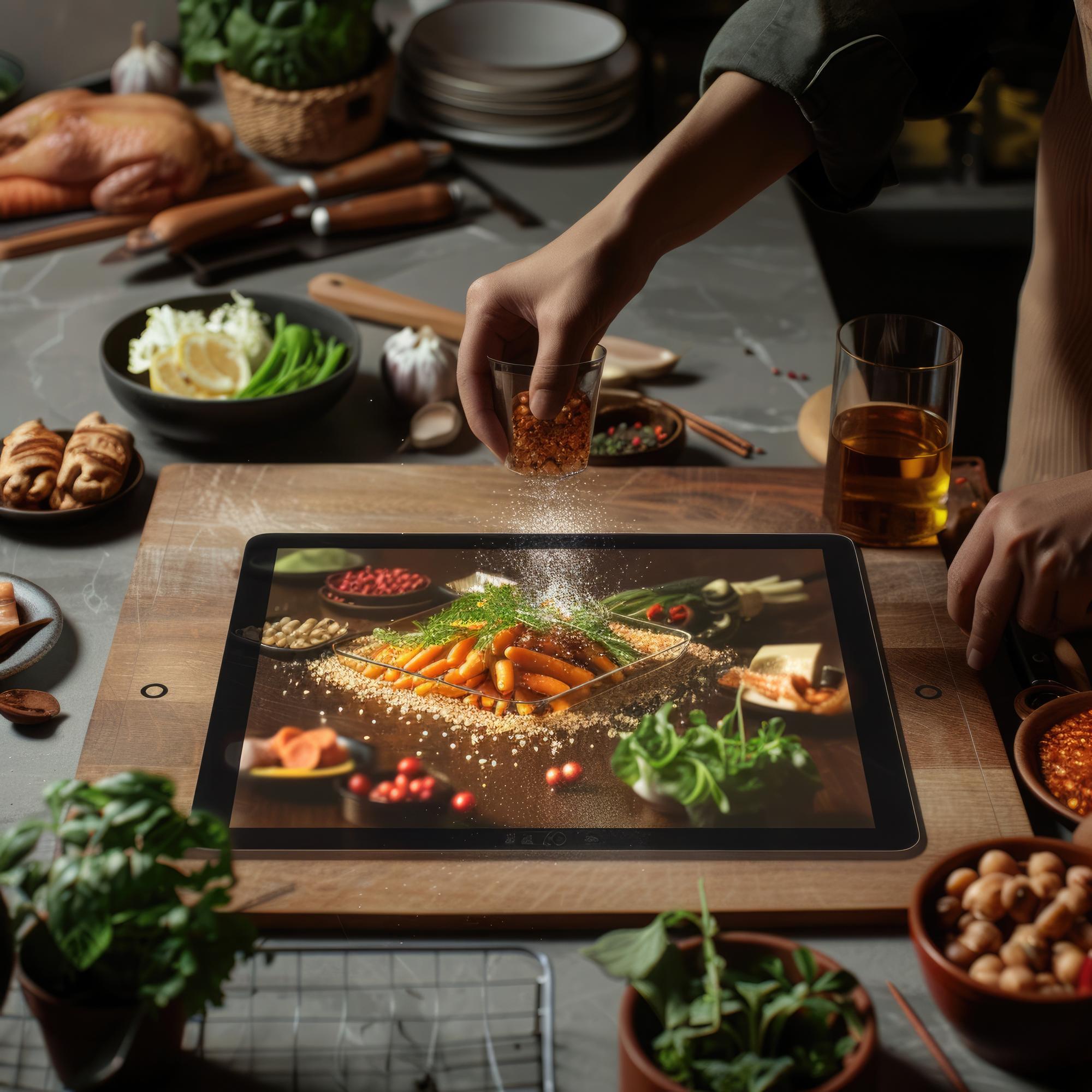 menu spread on a tech-forward kitchen counter